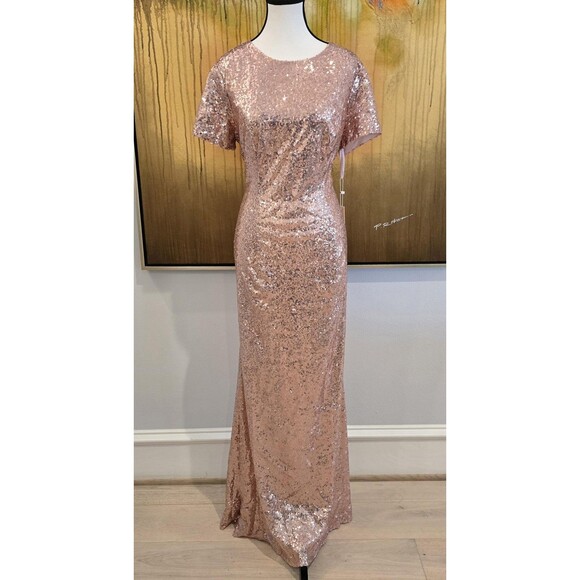 Honey Qiao Sequin Dress Womens Medium Rose Gold Formal Gown Maxi Short Sleeve - Picture 1 of 16